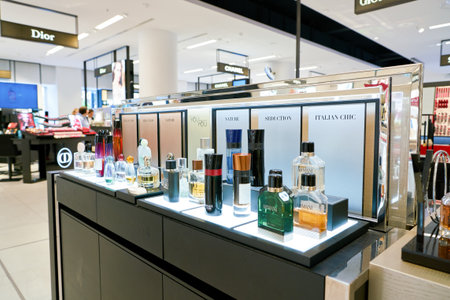 DUSSELDORF, GERMANY - CIRCA SEPTEMBER, 2018: Armani fragrance bottles on display at Galeria Kaufhof in Dusseldorf.のeditorial素材