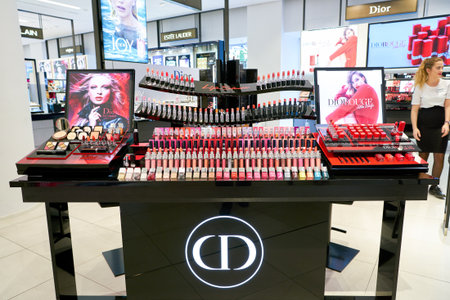DUSSELDORF, GERMANY - CIRCA SEPTEMBER, 2018: cosmetics on display at Galeria Kaufhof in Dusseldorf.のeditorial素材