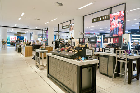 DUSSELDORF, GERMANY - CIRCA SEPTEMBER, 2018: cosmetics on display at Galeria Kaufhof in Dusseldorf.