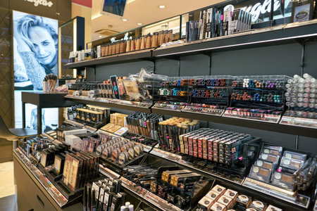 DUSSELDORF, GERMANY - CIRCA SEPTEMBER, 2018: cosmetics on display at Douglas store in Dusseldorf.のeditorial素材