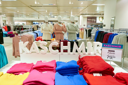 DUSSELDORF, GERMANY - CIRCA SEPTEMBER, 2018: clothing on display at Galeria Kaufhof in Dusseldorf.のeditorial素材