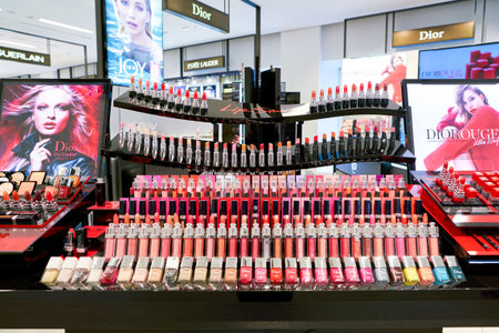 DUSSELDORF, GERMANY - CIRCA SEPTEMBER, 2018: cosmetics on display at Galeria Kaufhof in Dusseldorf.のeditorial素材
