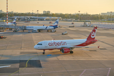DUSSELDORF, GERMANY - CIRCA OCTOBER, 2018: Airberlin airplane taxi at Dusseldorf Airport.のeditorial素材