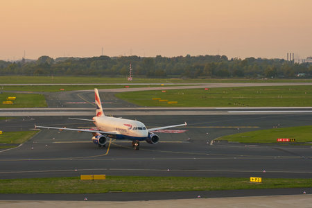 DUSSELDORF, GERMANY - CIRCA OCTOBER, 2018: airplane taxi at Dusseldorf Airport.のeditorial素材