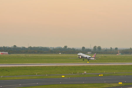 DUSSELDORF, GERMANY - CIRCA OCTOBER, 2018: airplane taking off from Dusseldorf Airportのeditorial素材
