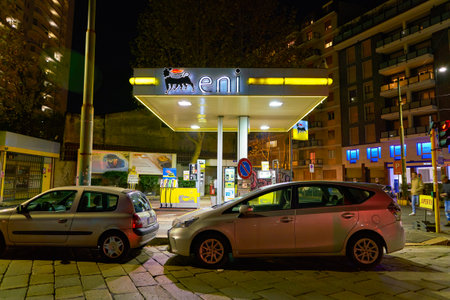 MILAN, ITALY - CIRCA NOVEMBER, 2017: Eni fuel station in the nighttime. Eni S.p.A. is an Italian multinational oil and gas company headquartered in Rome.のeditorial素材