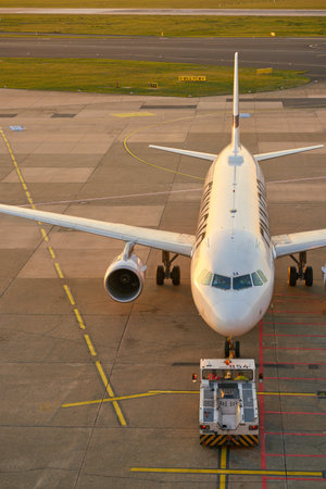 DUSSELDORF, GERMANY - CIRCA OCTOBER, 2018: Finnair aircraft on pushback at Dusseldorf Airport.のeditorial素材