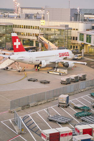 DUSSELDORF, GERMANY - CIRCA OCTOBER, 2018: Swiss aircraft on tarmac at Dusseldorf Airport.のeditorial素材