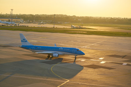 DUSSELDORF, GERMANY - CIRCA OCTOBER, 2018: KLM Cityhopper airplane taxi at Dusseldorf Airport.のeditorial素材