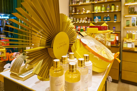 ROME, ITALY - CIRCA NOVEMBER, 2017: interior shot of a L'Occitane shop in Rome. L'Occitane is an international retailer of body, face, fragrances and home products.のeditorial素材