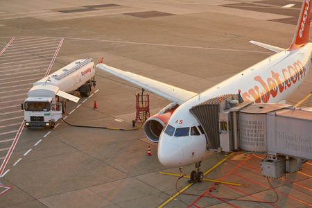 DUSSELDORF, GERMANY - CIRCA OCTOBER, 2018: easyJet aircraft on tarmac at Dusseldorf Airport.のeditorial素材