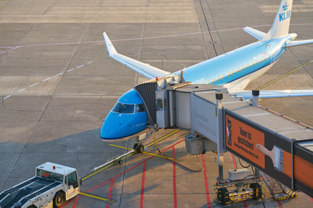 DUSSELDORF, GERMANY - CIRCA OCTOBER, 2018: KLM Cityhopper aircraft on tarmac at Dusseldorf Airport.