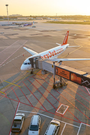 DUSSELDORF, GERMANY - CIRCA OCTOBER, 2018: easyJet aircraft on tarmac at Dusseldorf Airport.のeditorial素材