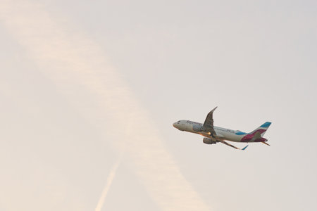 DUSSELDORF, GERMANY - CIRCA OCTOBER, 2018: airplane taking off from Dusseldorf Airportのeditorial素材