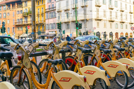 MILAN, ITALY - CIRCA NOVEMBER, 2017: bicycles parked in Milan. Milan is a city in northern Italy.のeditorial素材