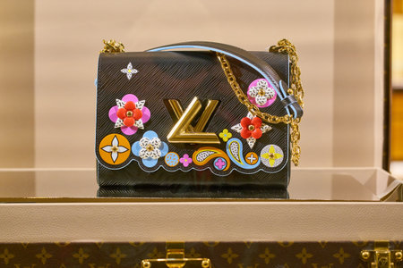 ROME, ITALY - CIRCA NOVEMBER, 2017: close up shot of a bag on display at Louis Vuitton shop.