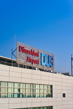 DUSSELDORF, GERMANY - CIRCA OCTOBER, 2018: Dusseldorf airport sign in the daytime.のeditorial素材