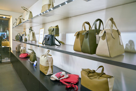 ROME, ITALY - CIRCA NOVEMBER, 2017: interior shot of a Furla shop in Rome.