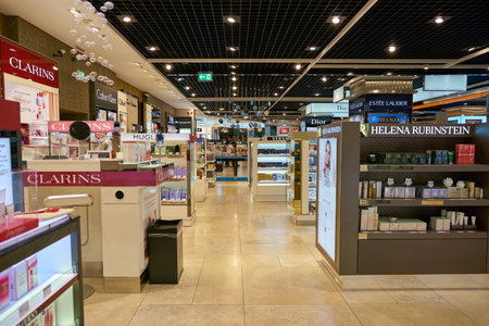 DUSSELDORF, GERMANY - CIRCA OCTOBER, 2018: perfumes and cosmetics on display in Dusseldorf Duty Free.のeditorial素材