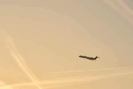 DUSSELDORF, GERMANY - CIRCA OCTOBER, 2018: airplane taking off from Dusseldorf Airportのeditorial素材