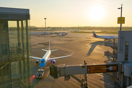 DUSSELDORF, GERMANY - CIRCA OCTOBER, 2018: KLM Cityhopper aircraft on pushback at Dusseldorf Airport.のeditorial素材