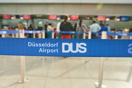 DUSSELDORF, GERMANY - CIRCA OCTOBER, 2018: close up shot of Dusseldorf Airport sing.のeditorial素材