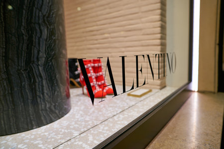 ROME, ITALY - CIRCA NOVEMBER, 2017: close up shot of Valentino sign on a shop window at a shop in Rome.のeditorial素材