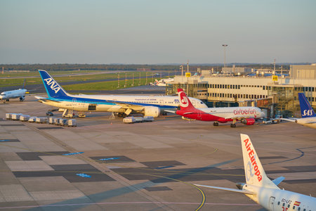 DUSSELDORF, GERMANY - CIRCA OCTOBER, 2018: aircrafts on tarmac at Dusseldorf Airport.のeditorial素材