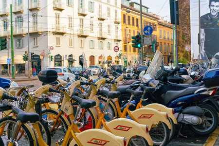 MILAN, ITALY - CIRCA NOVEMBER, 2017: bicycles parked in Milan. Milan is a city in northern Italy.のeditorial素材
