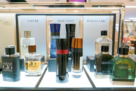 DUSSELDORF, GERMANY - CIRCA SEPTEMBER, 2018: Armani fragrance bottles on display at Galeria Kaufhof in Dusseldorf.のeditorial素材