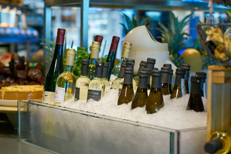 DUSSELDORF, GERMANY - CIRCA OCTOBER, 2018: bottles on display at Marche Movenpick in Dusseldorf Airportのeditorial素材