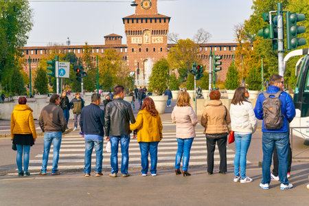 MILAN, ITALY - CIRCA NOVEMBER, 2017: people and Sforza Castle in Milan. Milan is a city in northern Italy.のeditorial素材