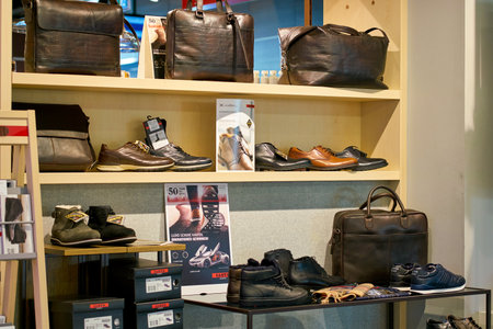 DUSSELDORF, GERMANY - CIRCA OCTOBER, 2018: shoes on display at a store in Dusseldorf airport.のeditorial素材