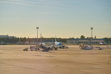 DUSSELDORF, GERMANY - CIRCA OCTOBER, 2018: aircrafts at Dusseldorf Airport in the daytime.のeditorial素材