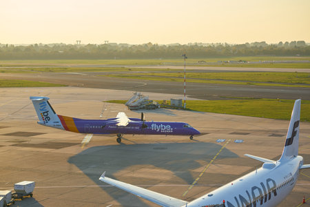 DUSSELDORF, GERMANY - CIRCA OCTOBER, 2018: airplane taxi at Dusseldorf Airport.のeditorial素材