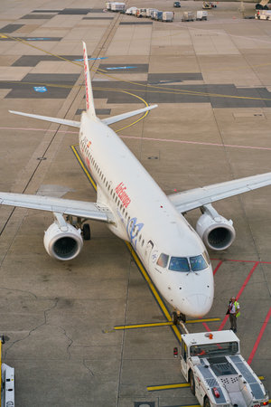 DUSSELDORF, GERMANY - CIRCA OCTOBER, 2018: an aircraft on pushback at Dusseldorf Airport.のeditorial素材