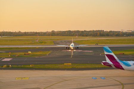 DUSSELDORF, GERMANY - CIRCA OCTOBER, 2018: airplane taxi at Dusseldorf Airport.のeditorial素材