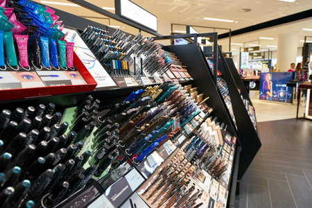 DUSSELDORF, GERMANY - CIRCA SEPTEMBER, 2018: cosmetics on display at Galeria Kaufhof in Dusseldorf.のeditorial素材