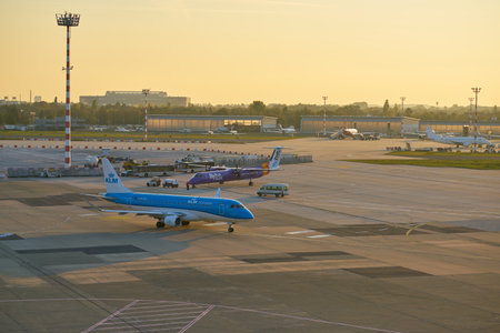 DUSSELDORF, GERMANY - CIRCA OCTOBER, 2018: KLM Cityhopper airplane taxi at Dusseldorf Airport.のeditorial素材