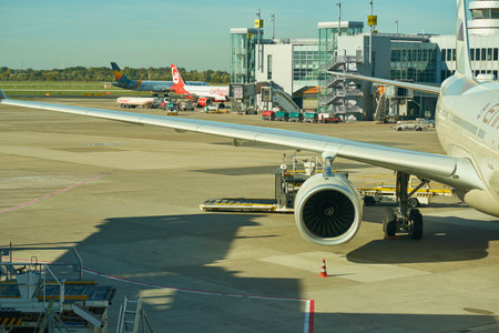 DUSSELDORF, GERMANY - CIRCA OCTOBER, 2018: Etihad Airways aircraft on tarmac at Dusseldorf Airport.のeditorial素材