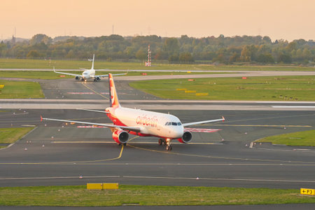 DUSSELDORF, GERMANY - CIRCA OCTOBER, 2018: Airberlin airplane taxi at Dusseldorf Airport.のeditorial素材