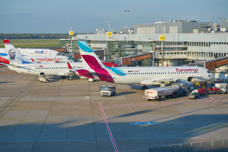 DUSSELDORF, GERMANY - CIRCA OCTOBER, 2018: aircrafts on tarmac at Dusseldorf Airport.のeditorial素材
