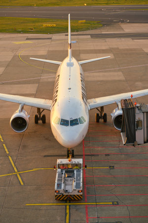 DUSSELDORF, GERMANY - CIRCA OCTOBER, 2018: Finnair aircraft on pushback at Dusseldorf Airport.のeditorial素材