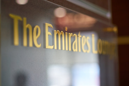DUSSELDORF, GERMANY - CIRCA SEPTEMBER, 2018: close up shot of The Emirates Lounge sign in Dusseldorf airport.のeditorial素材
