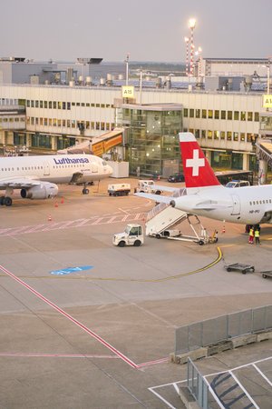 DUSSELDORF, GERMANY - CIRCA OCTOBER, 2018: aircrafts on tarmac at Dusseldorf Airport.のeditorial素材