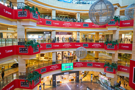 MOSCOW, RUSSIA - CIRCA SEPTEMBER, 2018: interior shot of Afimall shopping center at Moscow City.のeditorial素材