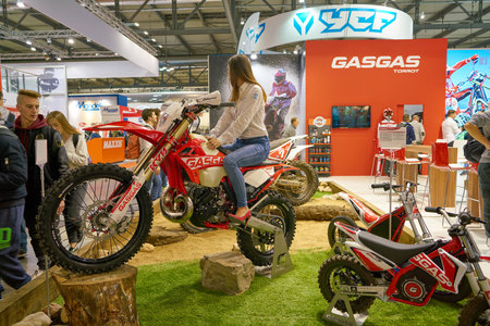 MILAN, ITALY - NOVEMBER 11, 2017: a model poses for the visitors during the EICMA 2017 - 75th...
