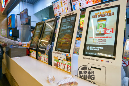 MOSCOW, RUSSIA - CIRCA SEPTEMBER, 2018: self-ordering kiosks at Burger King in Moscow.のeditorial素材