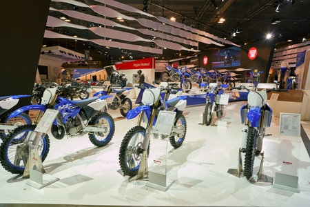 MILAN, ITALY - NOVEMBER 11, 2017: Yamaha motorcycles on display at EICMA 2017 - 75th International...