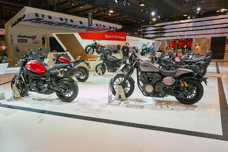 MILAN, ITALY - NOVEMBER 11, 2017: Yamaha motorcycles on display at EICMA 2017 - 75th International...